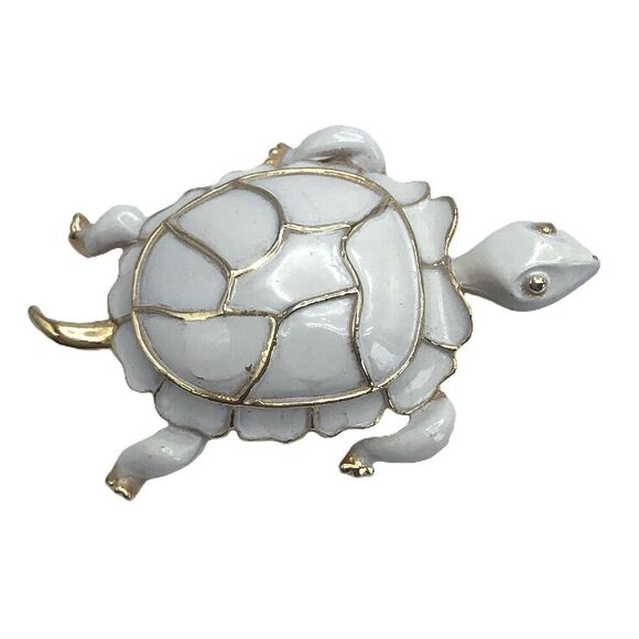 Vintage Turtle Enameled Brooch Pin White Gold 2 Inch - Picture 2 of 3